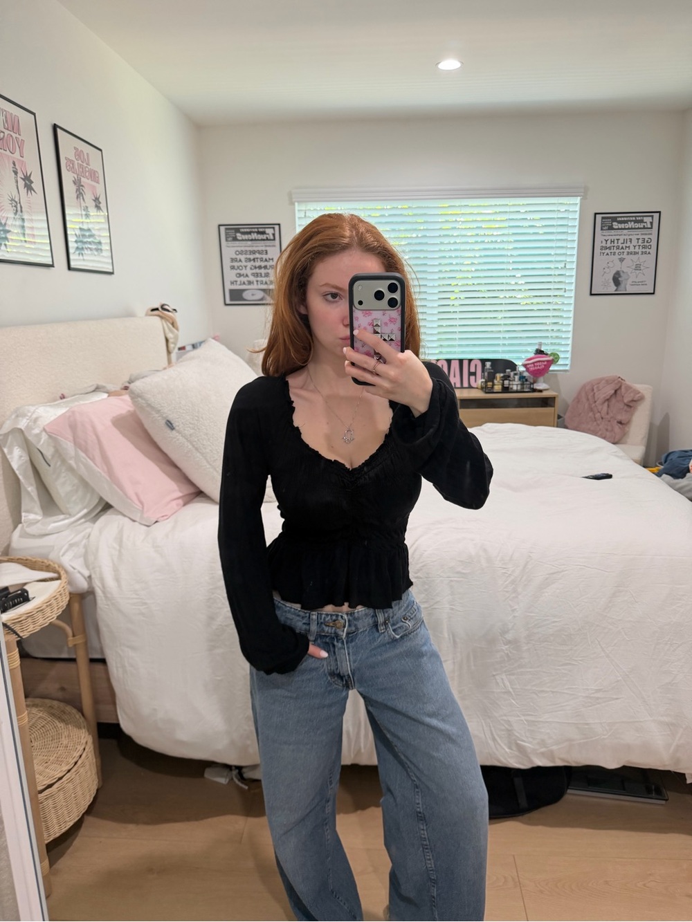 Urban Outfitters Black Long-Sleeve V-Neck Peplum Top
